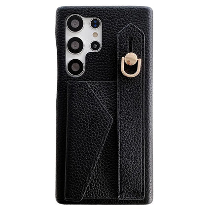 For Samsung Galaxy S23 Ultra Case with Card Slot Wristband Kickstand PU Leather+PET Phone Cover - Black