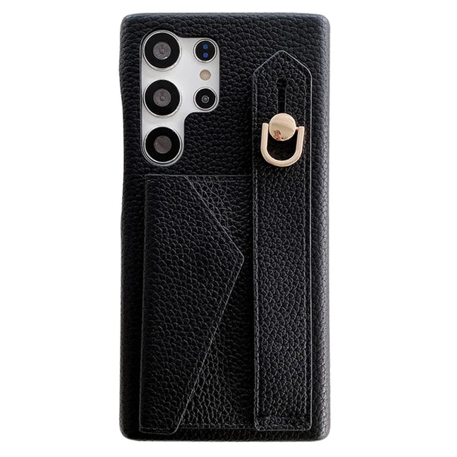 For Samsung Galaxy S23 Ultra Case with Card Slot Wristband Kickstand PU Leather+PET Phone Cover - Black