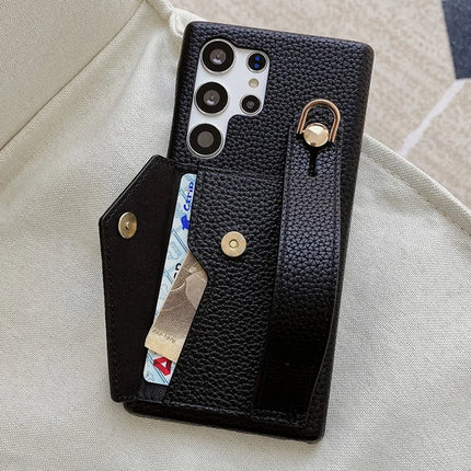 For Samsung Galaxy S23 Ultra Case with Card Slot Wristband Kickstand PU Leather+PET Phone Cover