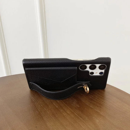For Samsung Galaxy S23 Ultra Case with Card Slot Wristband Kickstand PU Leather+PET Phone Cover