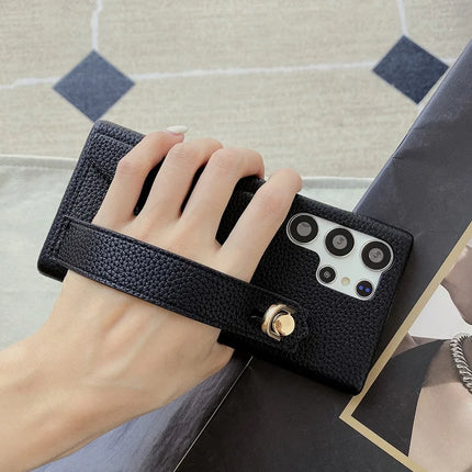 For Samsung Galaxy S23 Ultra Case with Card Slot Wristband Kickstand PU Leather+PET Phone Cover