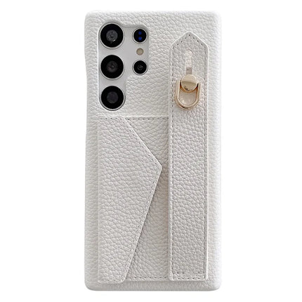 For Samsung Galaxy S23 Ultra Case with Card Slot Wristband Kickstand PU Leather+PET Phone Cover - White