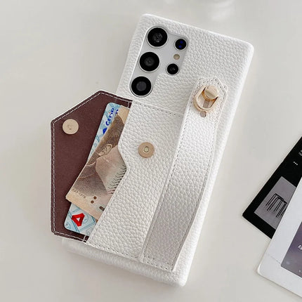 For Samsung Galaxy S23 Ultra Case with Card Slot Wristband Kickstand PU Leather+PET Phone Cover