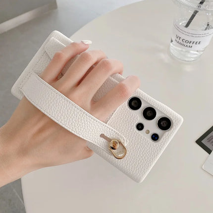 For Samsung Galaxy S23 Ultra Case with Card Slot Wristband Kickstand PU Leather+PET Phone Cover