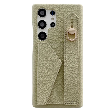 For Samsung Galaxy S23 Ultra Case with Card Slot Wristband Kickstand PU Leather+PET Phone Cover - Green