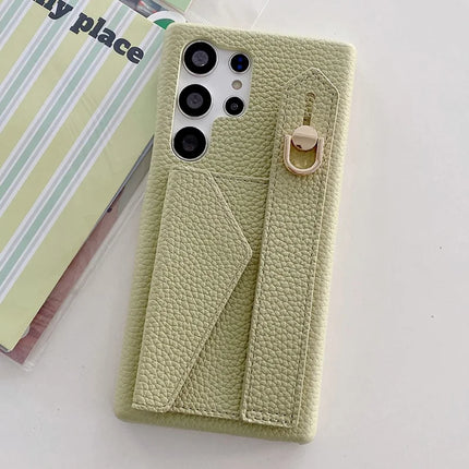 For Samsung Galaxy S23 Ultra Case with Card Slot Wristband Kickstand PU Leather+PET Phone Cover