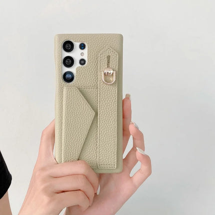 For Samsung Galaxy S23 Ultra Case with Card Slot Wristband Kickstand PU Leather+PET Phone Cover