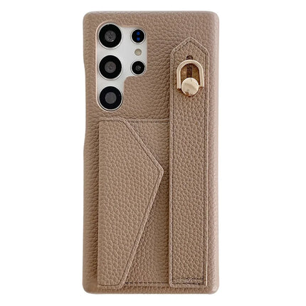 For Samsung Galaxy S23 Ultra Case with Card Slot Wristband Kickstand PU Leather+PET Phone Cover - Light Brown