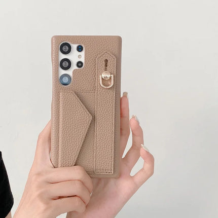 For Samsung Galaxy S23 Ultra Case with Card Slot Wristband Kickstand PU Leather+PET Phone Cover