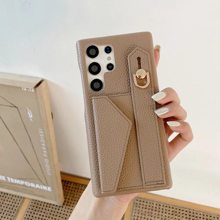 For Samsung Galaxy S23 Ultra Case with Card Slot Wristband Kickstand PU Leather+PET Phone Cover