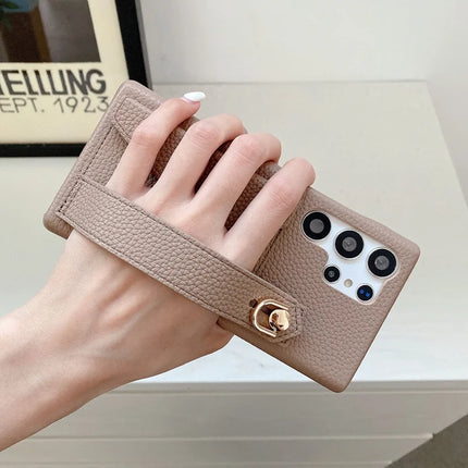 For Samsung Galaxy S23 Ultra Case with Card Slot Wristband Kickstand PU Leather+PET Phone Cover