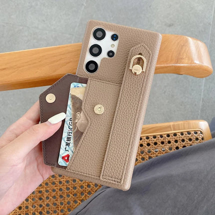 For Samsung Galaxy S23 Ultra Case with Card Slot Wristband Kickstand PU Leather+PET Phone Cover