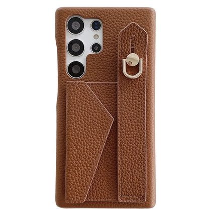 For Samsung Galaxy S23 Ultra Case with Card Slot Wristband Kickstand PU Leather+PET Phone Cover - Dark Brown