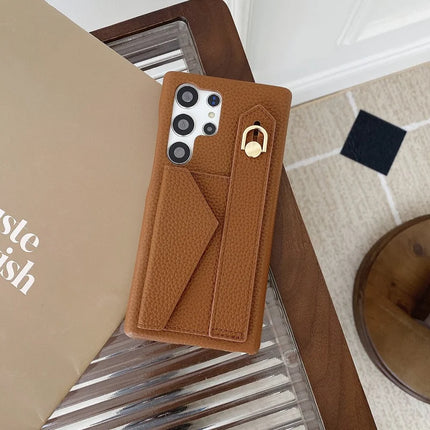 For Samsung Galaxy S23 Ultra Case with Card Slot Wristband Kickstand PU Leather+PET Phone Cover