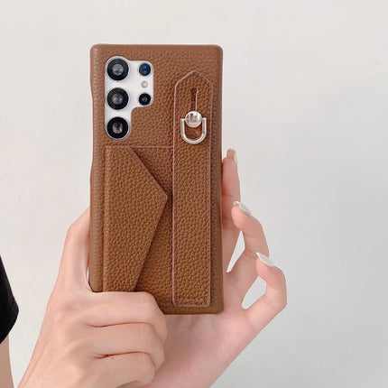For Samsung Galaxy S23 Ultra Case with Card Slot Wristband Kickstand PU Leather+PET Phone Cover
