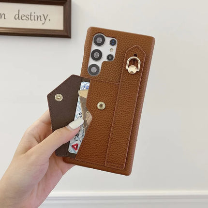 For Samsung Galaxy S23 Ultra Case with Card Slot Wristband Kickstand PU Leather+PET Phone Cover