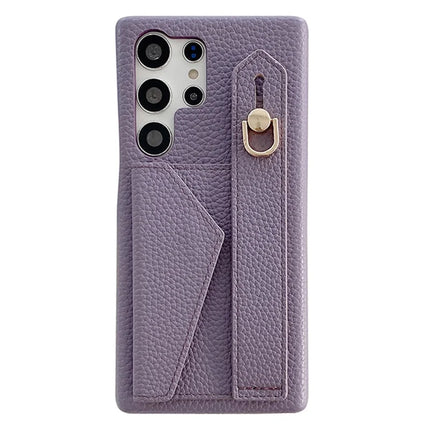 For Samsung Galaxy S23 Ultra Case with Card Slot Wristband Kickstand PU Leather+PET Phone Cover - Purple