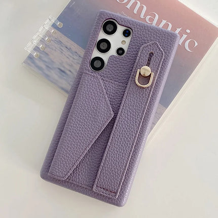 For Samsung Galaxy S23 Ultra Case with Card Slot Wristband Kickstand PU Leather+PET Phone Cover