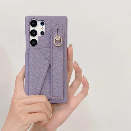 For Samsung Galaxy S23 Ultra Case with Card Slot Wristband Kickstand PU Leather+PET Phone Cover