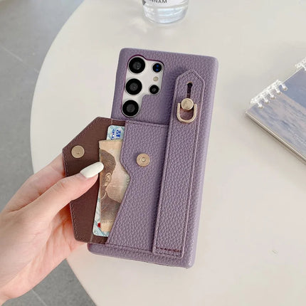 For Samsung Galaxy S23 Ultra Case with Card Slot Wristband Kickstand PU Leather+PET Phone Cover