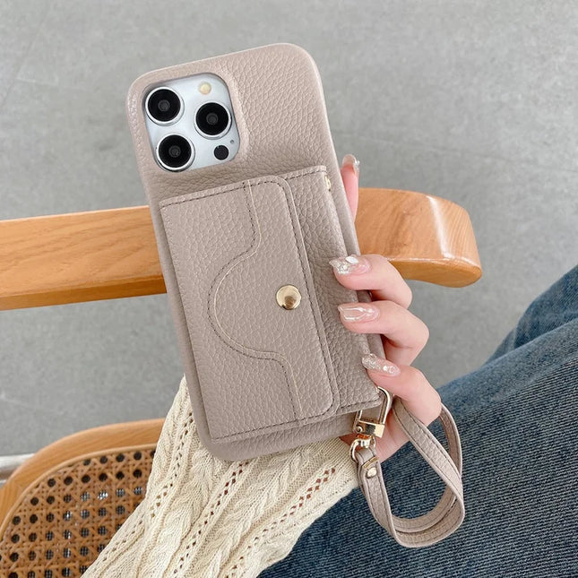 For iPhone 13 Pro Max Case Mirror Design PU Leather Back Cover with Card Slots, Wrist Strap - Grey