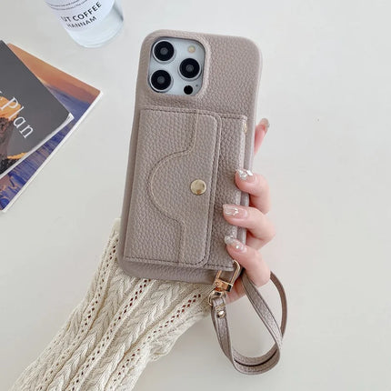 For iPhone 13 Pro Max Case Mirror Design PU Leather Back Cover with Card Slots, Wrist Strap