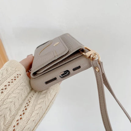 For iPhone 13 Pro Max Case Mirror Design PU Leather Back Cover with Card Slots, Wrist Strap