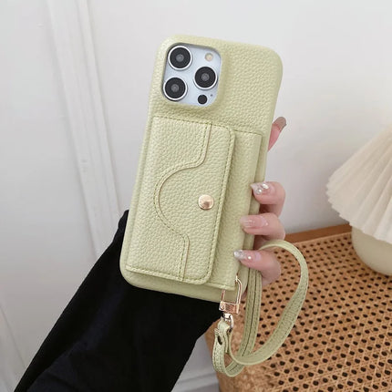 For iPhone 13 Pro Max Case Mirror Design PU Leather Back Cover with Card Slots, Wrist Strap - Green