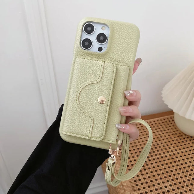 For iPhone 13 Pro Max Case Mirror Design PU Leather Back Cover with Card Slots, Wrist Strap - Green