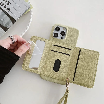 For iPhone 13 Pro Max Case Mirror Design PU Leather Back Cover with Card Slots, Wrist Strap