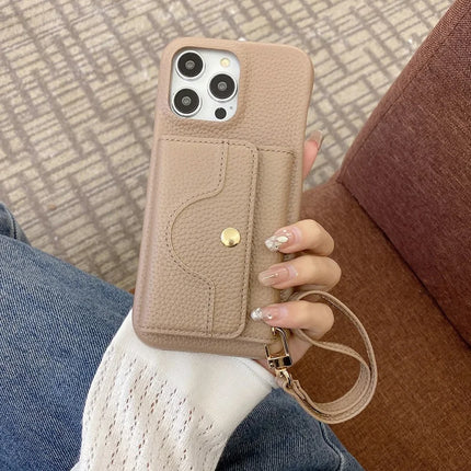 For iPhone 13 Pro Max Case Mirror Design PU Leather Back Cover with Card Slots, Wrist Strap - Light Brown