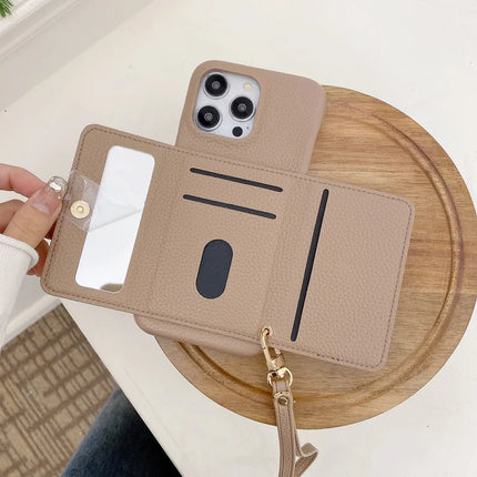For iPhone 13 Pro Max Case Mirror Design PU Leather Back Cover with Card Slots, Wrist Strap
