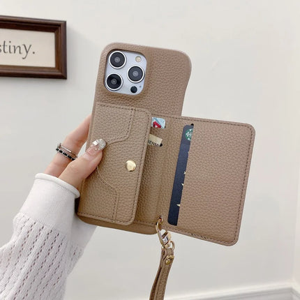 For iPhone 13 Pro Max Case Mirror Design PU Leather Back Cover with Card Slots, Wrist Strap