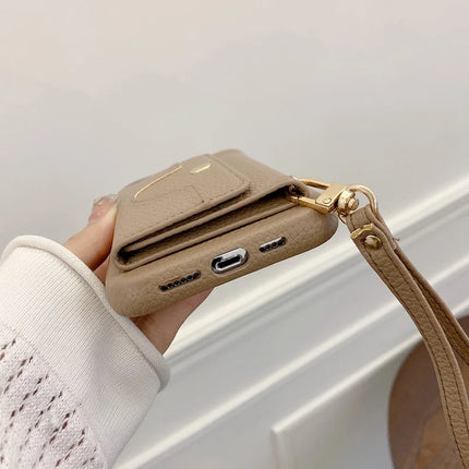 For iPhone 13 Pro Max Case Mirror Design PU Leather Back Cover with Card Slots, Wrist Strap