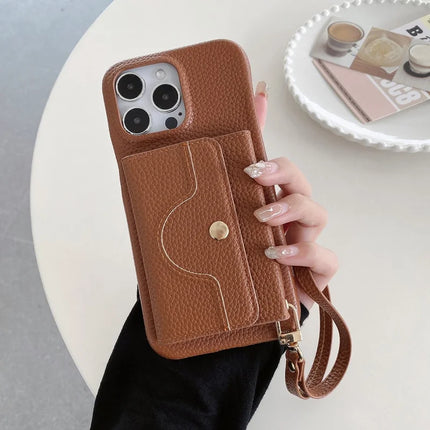 For iPhone 13 Pro Max Case Mirror Design PU Leather Back Cover with Card Slots, Wrist Strap - Dark Brown