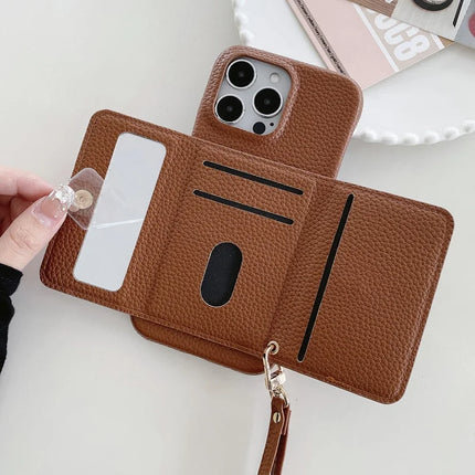 For iPhone 13 Pro Max Case Mirror Design PU Leather Back Cover with Card Slots, Wrist Strap