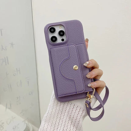 For iPhone 13 Pro Max Case Mirror Design PU Leather Back Cover with Card Slots, Wrist Strap - Purple