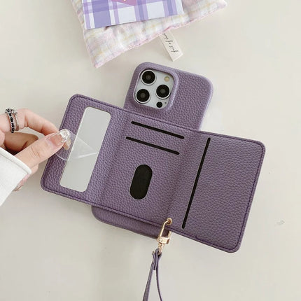 For iPhone 13 Pro Max Case Mirror Design PU Leather Back Cover with Card Slots, Wrist Strap
