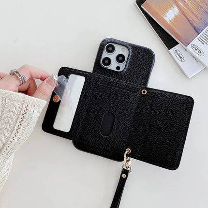 For iPhone 13 Pro Max Case Mirror Design PU Leather Back Cover with Card Slots, Wrist Strap