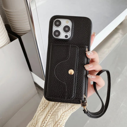 For iPhone 13 Pro Max Case Mirror Design PU Leather Back Cover with Card Slots, Wrist Strap