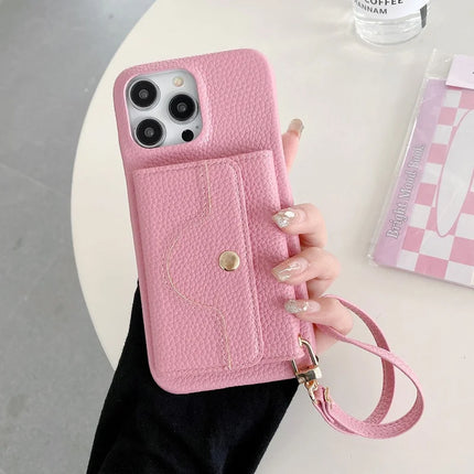 For iPhone 13 Pro Max Case Mirror Design PU Leather Back Cover with Card Slots, Wrist Strap - Pink