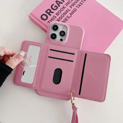 For iPhone 13 Pro Max Case Mirror Design PU Leather Back Cover with Card Slots, Wrist Strap