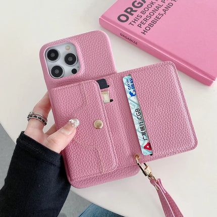 For iPhone 13 Pro Max Case Mirror Design PU Leather Back Cover with Card Slots, Wrist Strap