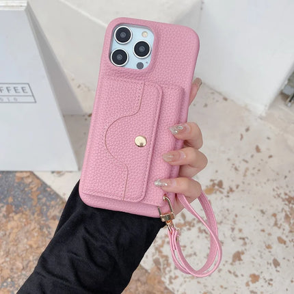 For iPhone 13 Pro Max Case Mirror Design PU Leather Back Cover with Card Slots, Wrist Strap