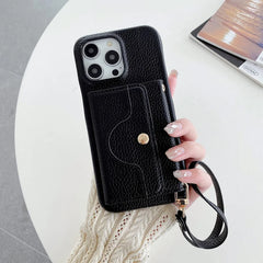 For iPhone 13 Pro Case Mirror Design PU Leather Back Cover with Card Slots, Wrist Strap - Black