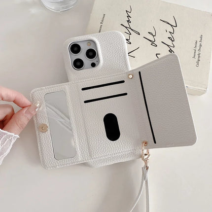 For iPhone 16 Pro Case Mirror Design PU Leather Back Cover with Card Slots, Wrist Strap