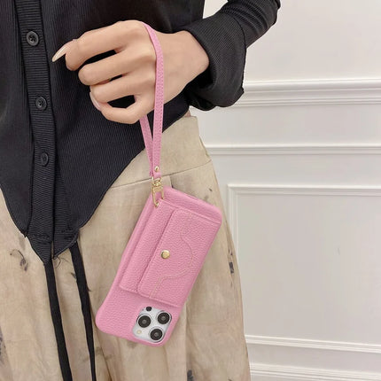For iPhone 16 Pro Case Mirror Design PU Leather Back Cover with Card Slots, Wrist Strap