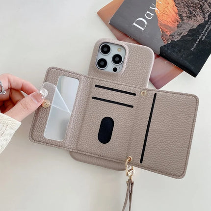 For iPhone 16 Pro Case Mirror Design PU Leather Back Cover with Card Slots, Wrist Strap
