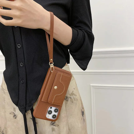 For iPhone 16 Pro Case Mirror Design PU Leather Back Cover with Card Slots, Wrist Strap