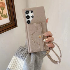 For Samsung Galaxy S23 Ultra Case Mirror Design PU Leather Back Cover with Card Slots, Wrist Strap - Grey